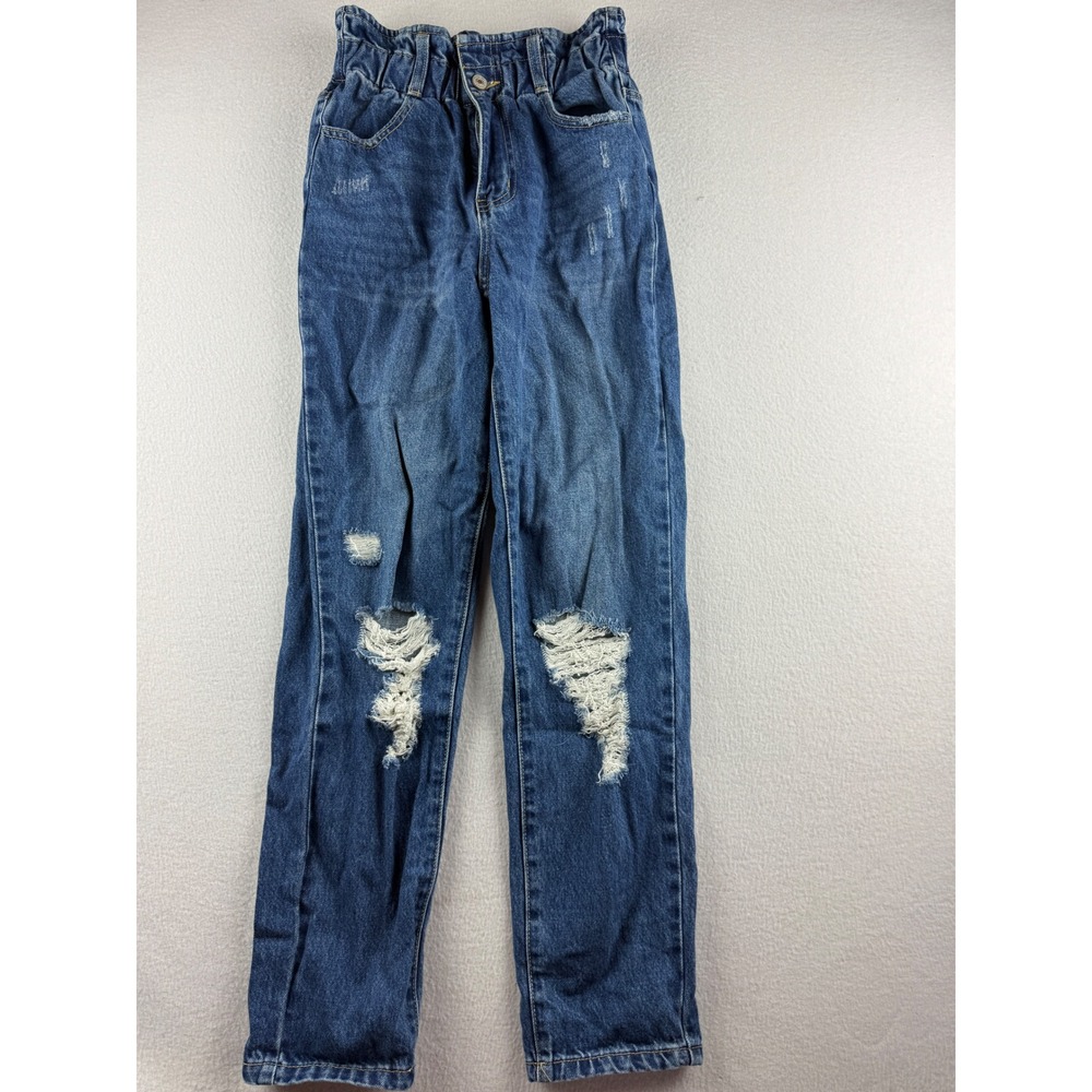 KanCan High Rise Paperbag Waist Distressed Mom Jeans Blue KC5214M‎ Medium Wash